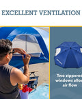 Person adjusting window on Blue 8 Foot Canopy Shelter With UPF 50 Plus Sun And Rain Protection Two Patented Side Panels For Privacy
