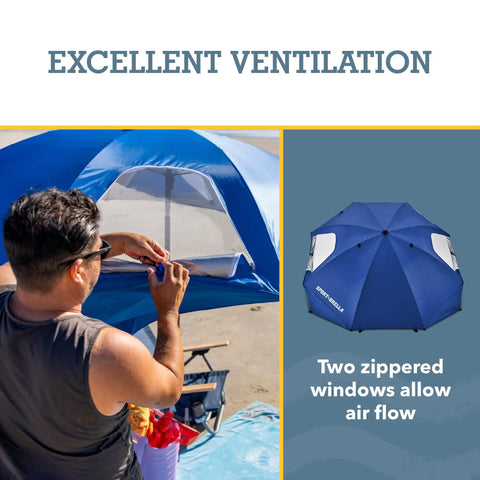 Person adjusting window on Blue 8 Foot Canopy Shelter With UPF 50 Plus Sun And Rain Protection Two Patented Side Panels For Privacy