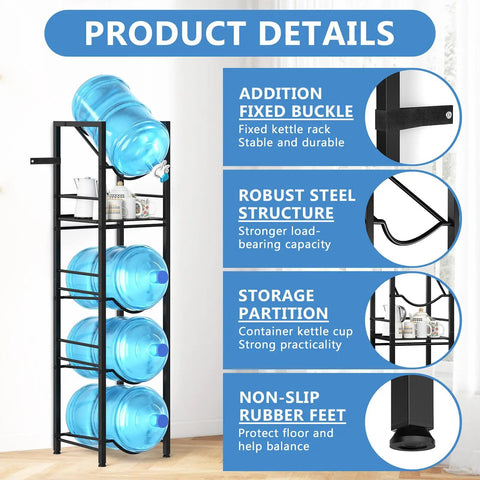 2 In 1 Five Gallon Water Jug Holder With Five Tier Stand And One Dispenser Valve Go To Tabletop Space Saving Water Bottle Storage Rack Organizer For Kitchen Office And Garage with product features