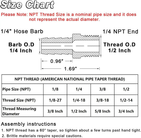 Size chart for Four Pack Brass Hose Barb Fittings One Quarter Inch Barb To One Quarter Inch NPT Male Thread Quick Coupler Adapter Connector For Air Hoses