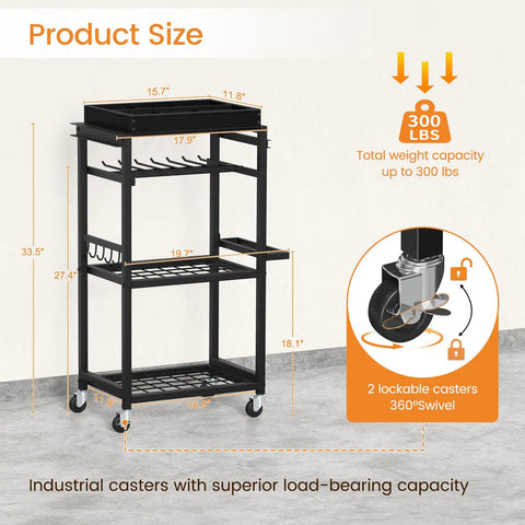 Side view of 4 Tier Tool Organizer Cart With Magnetic Tool Holder Strip, heavy duty rolling workshop cart for garage, 300 lb utility rack.