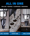 Built Tough Step Drill Bit Set With Fifteen Progressive Steps From One Quarter Inch To Two And One Half Inches M35 HSS Cobalt TiAlN Coating used for drilling metal.