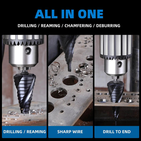 Built Tough Step Drill Bit Set With Fifteen Progressive Steps From One Quarter Inch To Two And One Half Inches M35 HSS Cobalt TiAlN Coating used for drilling metal.