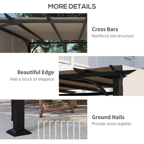 Close-up details of 10x10 Patio Pergola With Weather Resistant Steel Frame And Fully Adjustable Sliding Canopy Shade For Backyard Hangout Porch Party Garden Gazebo Beige Shelter With Side Rail Design And Easy Sun Blocking, showing cross bars, edge, and ground nails.