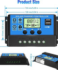 Beast 30A Solar Charge Controller with LCD Display, Dual USB Ports, Timer Settings, shown with measurements in blue and black.