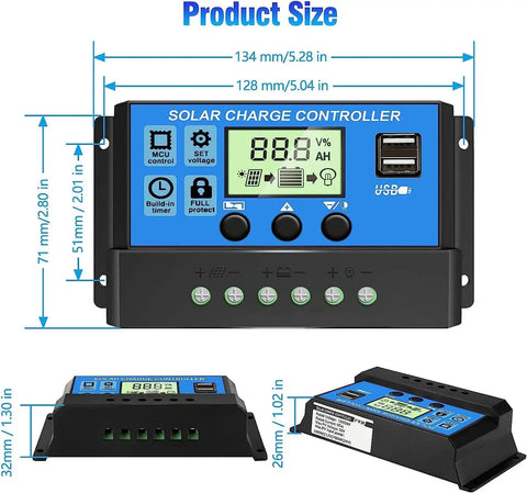 Beast 30A Solar Charge Controller with LCD Display, Dual USB Ports, Timer Settings, shown with measurements in blue and black.