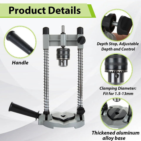 Portable Drill Press Stand For Hand Drills Handy Adjustable Multi-Angle Holder Guide Fits 1.5-13mm Drill Bits Aluminum Alloy