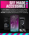 NCORE 100 MAX Mini ITX PC Case with 15.7L volume, 120mm AIO, V850W SFX Gold PSU, showing front and side views with GPU support.