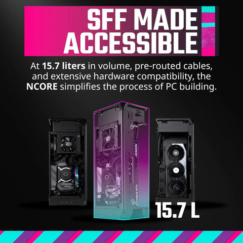 NCORE 100 MAX Mini ITX PC Case with 15.7L volume, 120mm AIO, V850W SFX Gold PSU, showing front and side views with GPU support.