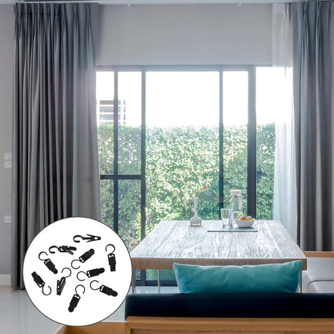 Rotatable Plastic Curtain Clips With Swivel Hooks, 10 Pack For Drapery, shower curtains and track rings in a dining room setting