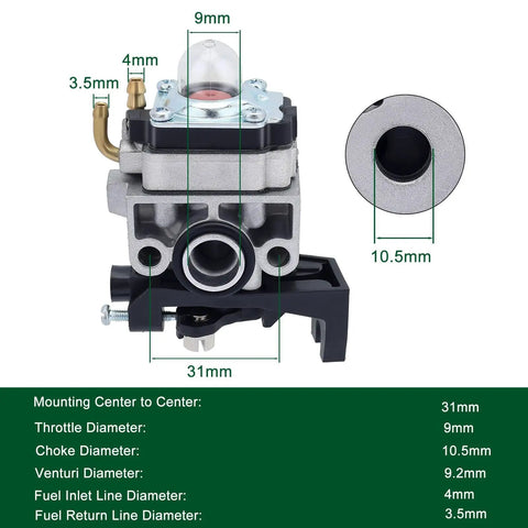 Front view of Honda GX35 carburetor replacement showing dimensions for GX25 GX25N GX25NT HHT35 FG110 FG110K1 HHT25S 4 cycle engine