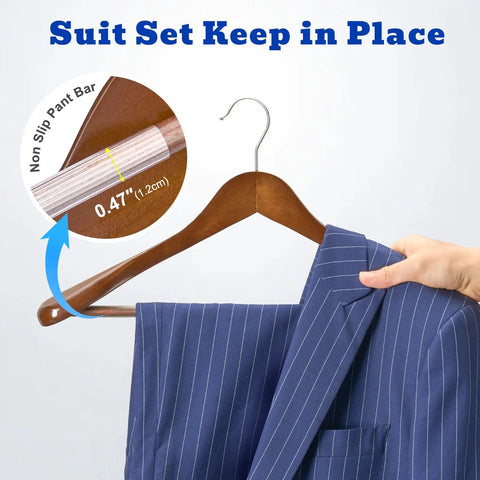 Beefy Extra Wide Solid Wood Hangers With Non Slip Bar And 360 Degree Swivel Hook For Suits, Jackets, And Pants, Heavy Duty Coat Hangers In Walnut Finish, Set Of 6 displaying suit support