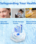 Image illustrating health benefits of humidifiers: moisturizing skin, soothing tension, removing minerals; blue and white design.