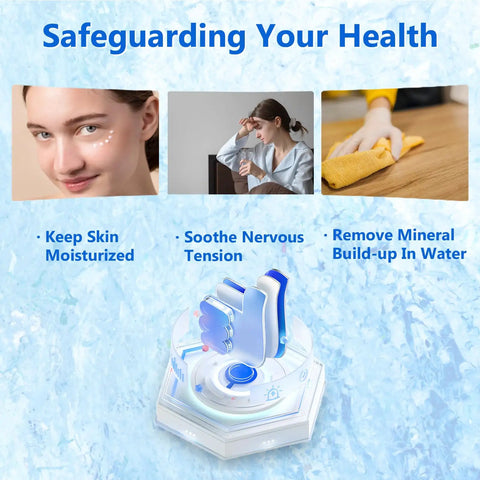 Image illustrating health benefits of humidifiers: moisturizing skin, soothing tension, removing minerals; blue and white design.