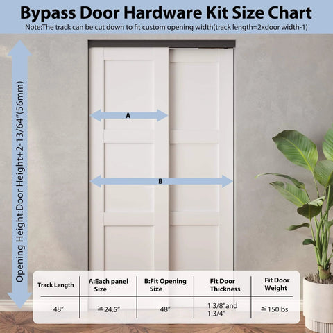 Heavy-Duty Bypass Door Track Hardware For Aluminum Sliding Doors, 48 Inch Four Foot Rail Set, black finish size chart