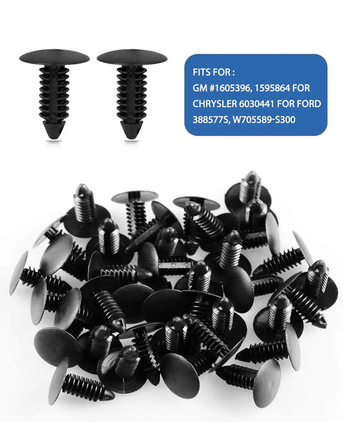 Black plastic fasteners from 120 Go-To M4.2 Universal Fender Liner Kit with Hex Head Screws and U Nuts, for GM, Chrysler, Ford models.