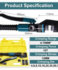 Product specifications showing Beefy 10 Ton Hydraulic Crimping Tool With Eight Dies For 4 mm 70 mm Stainless Steel Cable Lug Terminals.
