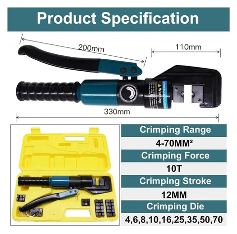 Product specifications showing Beefy 10 Ton Hydraulic Crimping Tool With Eight Dies For 4 mm 70 mm Stainless Steel Cable Lug Terminals.