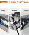 Self Adjusting Wire Stripper Tool 3 In 1 Cutter Crimping Heavy Duty Automatic For AWG 24 10 showing cutting, stripping, crimping.