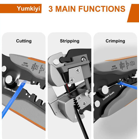 Self Adjusting Wire Stripper Tool 3 In 1 Cutter Crimping Heavy Duty Automatic For AWG 24 10 showing cutting, stripping, crimping.