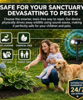 Deer Repellent Pack 4 With Solar Powered Ultrasonic Motion Sensor and LED Flashlight IP65 Waterproof Cat and Rabbit Deterrent for Outdoor Gardens and Yard No Go Zone Keeps Flowers Safe From Browsing Deer and Wildlife in garden with family and dog