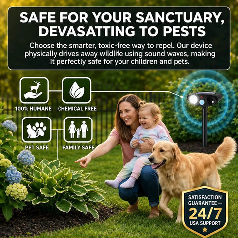 Deer Repellent Pack 4 With Solar Powered Ultrasonic Motion Sensor and LED Flashlight IP65 Waterproof Cat and Rabbit Deterrent for Outdoor Gardens and Yard No Go Zone Keeps Flowers Safe From Browsing Deer and Wildlife in garden with family and dog
