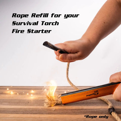 Hands using Fire Starter Rope 36 Inch Waterproof Wax Infused Hemp Tinder Wick Refill to ignite fire on wooden surface.
