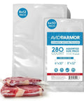 Beefy Heavy Duty Vacuum Sealer Bags 6x10 And 8x12 Inches, 280 Pack BPA Free Pouches next to sealed meat slices