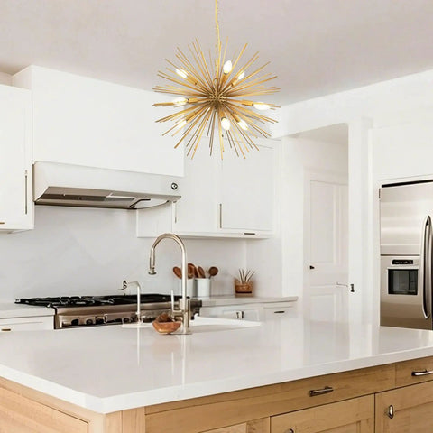 Golden Sputnik Chandelier Nine Lights Modern Starburst Fixture for Dining Room Kitchen Island, solid metal, brushed gold