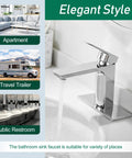 Chrome One Hole Single Handle Bathroom Faucet With Deck Plate for lavatory, vanity, RV sink use, shown with running water