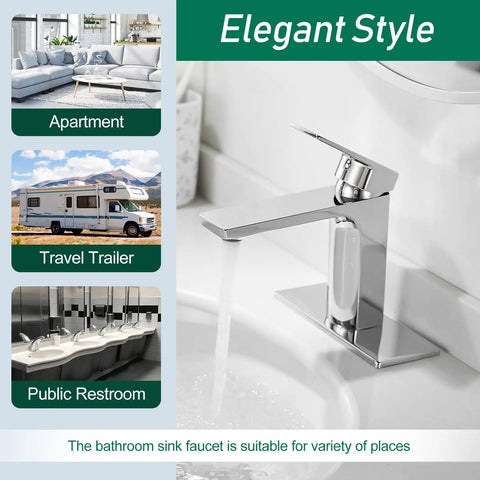 Chrome One Hole Single Handle Bathroom Faucet With Deck Plate for lavatory, vanity, RV sink use, shown with running water