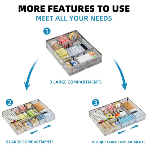 Expandable Desk Drawer Organizer Mesh Tray With 10 Adjustable Compartments Perfect For Office Supplies Makeup And Vanity layouts