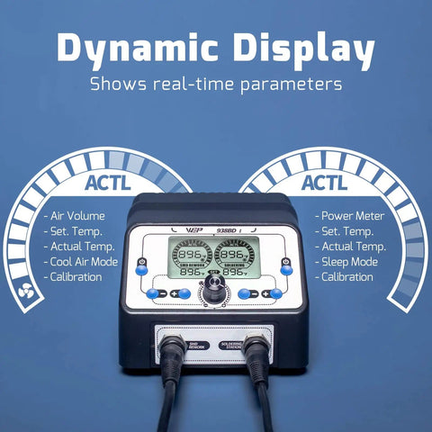 2 In 1 Soldering Iron Station And Hot Air Rework System With LCD Display showing dynamic parameters and controls