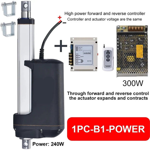 Heavy Duty Electric Linear Actuator Motor DC 24V With Stainless Steel Rod IP67 Waterproof Rated, includes controller and power supply.