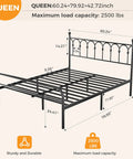 Queen Metal Platform Bed Frame Featuring Trendy Spherical Headboard, rock solid steel slat support, and maximum capacity details.