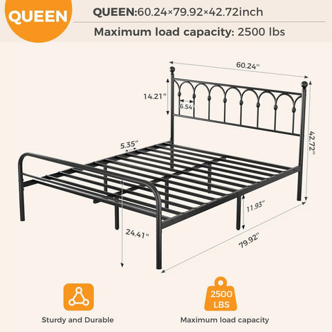 Queen Metal Platform Bed Frame Featuring Trendy Spherical Headboard, rock solid steel slat support, and maximum capacity details.