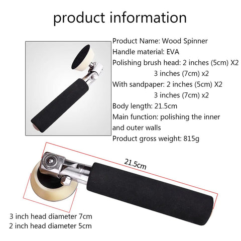 Handheld Wood Turning Lathe Sander With Rotating Spindle Head And 1.5 Inch 2.2 Inch Sanding Discs showing grip and polishing brushes.