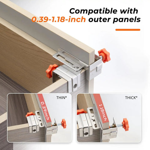 Hassle Free Adjustable Stainless Steel Cabinet Drawer Front Mounting Clamp Kit For Dead Nuts Alignment And Ridiculously Smooth Woodworking Upgrades With Heavy Duty Carry Bag, showing clamps for 0.39-1.18-inch panels.