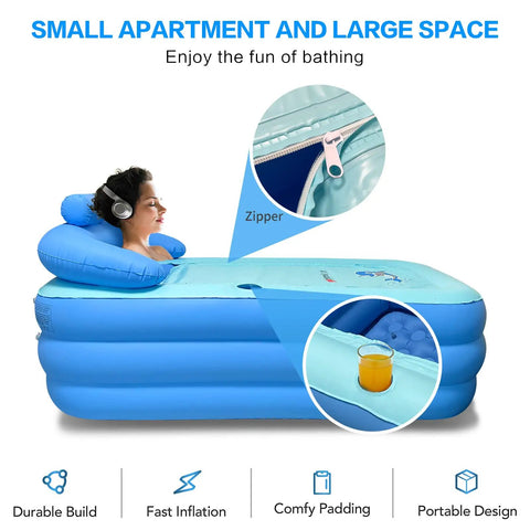 Inflatable Bathtub For Adults Freestanding Portable Foldable Spa Tub With Air Pump Perfect For Hot Soak Or Ice Bath At Home Spacious 63 By 33 By 25 Inches Cup Holder And Zip Up Cover