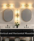 Klighten Hardwired Wall Sconce Modern Brushed Brass Bathroom Vanity Light mounted vertically and horizontally above mirrors.