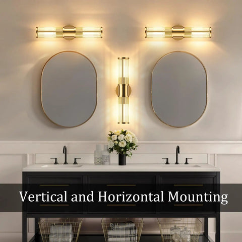 Klighten Hardwired Wall Sconce Modern Brushed Brass Bathroom Vanity Light mounted vertically and horizontally above mirrors.