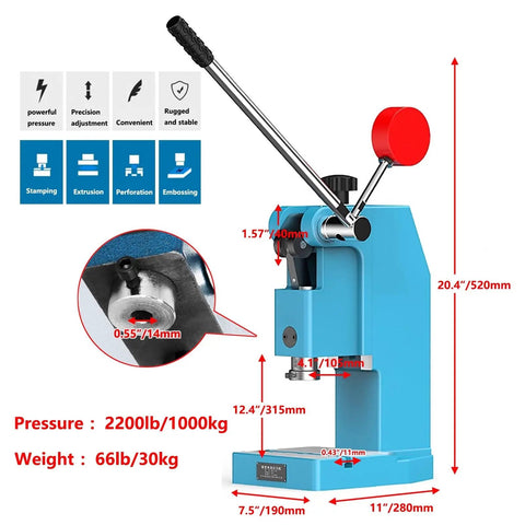 Heavy Duty Manual Arbor Press Built Like A Tank With Cast Iron For Stamping Punching Jobs Up To 2000 Pounds Capacity side view with dimensions