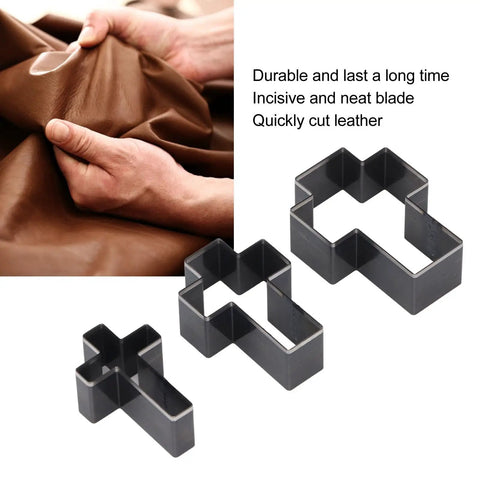 Cross Shape Leather Cutting Die Kit For DIY Leather Crafts with three alloy steel dies shown against brown leather fabric