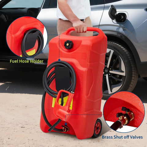 Person holding Upgraded 16 Gallon Gas Tank Caddy With Heavy Duty HDPE Construction Manual Transfer Pump 10 Foot Hose Portable Gas Can On Casters