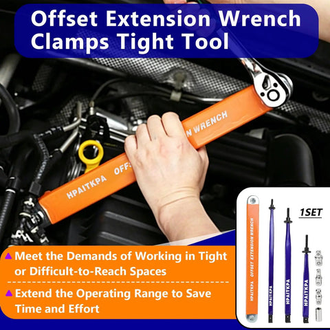 Offset Extension Wrench Kit With Clamps And Drive Adapters 1/2, 1/4, 3/8, tool used in car engine space