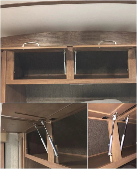 Damn Solid 10 Pack 100N Gas Struts Smooth Pneumatic Cabinet Door Lift Supports with installation view in wooden cabinet.