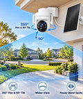 Wireless Outdoor Security Camera With Solar Power And Two Way Talk 2K Hd Full Color Night Vision PIR Motion Alerts Pan And Tilt for front door with solar panel.