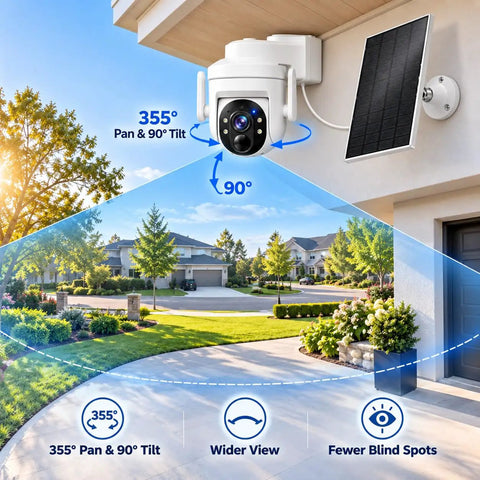 Wireless Outdoor Security Camera With Solar Power And Two Way Talk 2K Hd Full Color Night Vision PIR Motion Alerts Pan And Tilt for front door with solar panel.