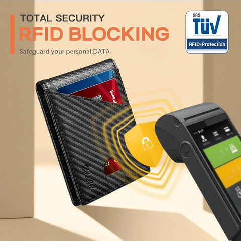 Slim RFID Leather Bifold Wallet For Men with RFID blocking against scanner, featuring a carbon fiber look and card slots.