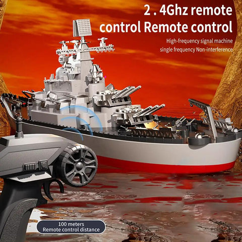 Beefed-Up RC Warship Battle Boat For Lakes And Rivers, 1:390 scale remote control armed cruiser, grey, on red water with remote control.